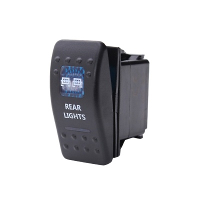 Interruptor preto para luzes traseiras com texto REAR LIGHTS