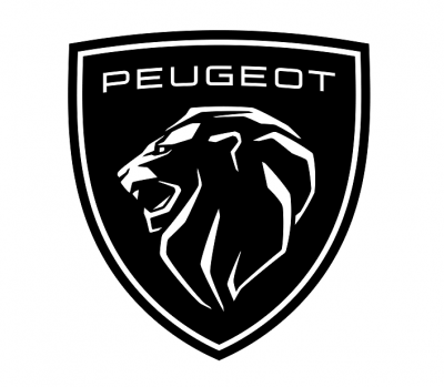 Emblema preto e branco Peugeot com leão estilizado sobre escudo