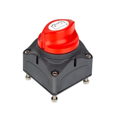 Chave seccionadora de bateria preta e vermelha com símbolo de bateria no topo