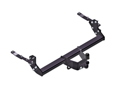 Reboque metálico preto para automóvel com barra horizontal e suporte central