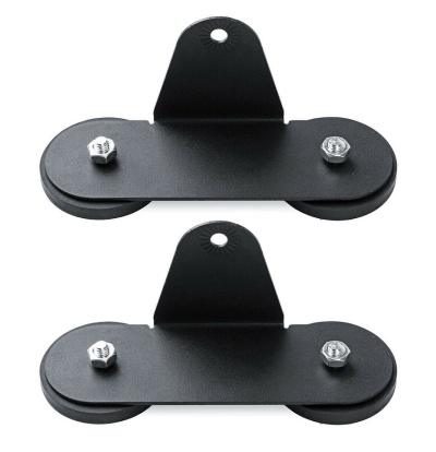 Par de suportes metálicos pretos com polias e parafusos