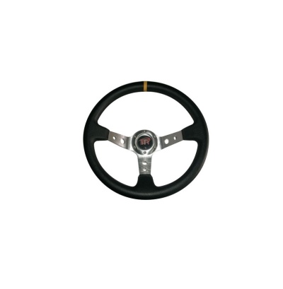 Volante automóvel preto com acabamento metálico e logótipo SR central