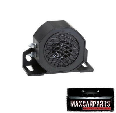 Sirene preta com grelha e suporte metálico, fundo branco, logótipo MAXCARPARTS