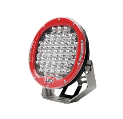 Farol redondo LED com aro vermelho e suporte metálico