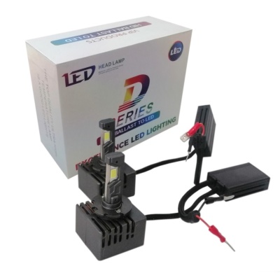 Lâmpadas LED para faróis com cabos e caixa branca com texto