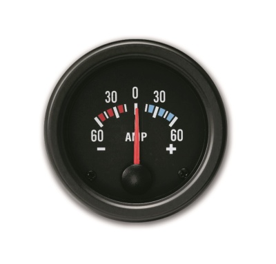 Ampémetro circular preto com ponteiro vermelho e gradação em amperes