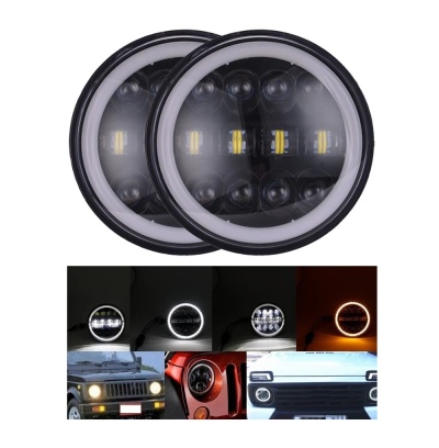 Faróis redondos LED pretos com luz branca ao redor para veículos