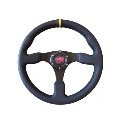 Volante de carro preto com três raios e marcador amarelo