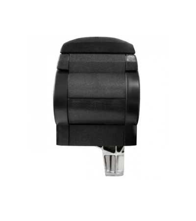 Apoio de braço preto para carro em tecido e plástico com base em metal.