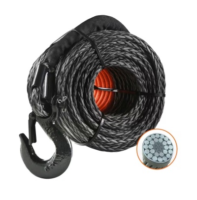 Cabo têxtil cinza com gancho metálico preto e secção transversal mostrada