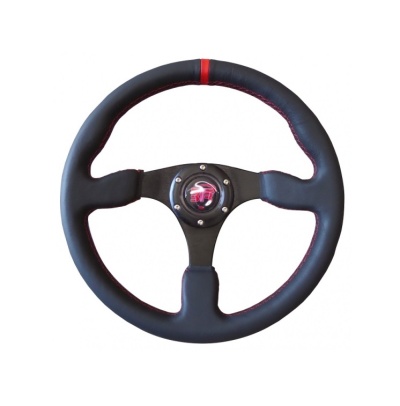 Volante de carro desportivo preto com linha vermelha no centro no topo