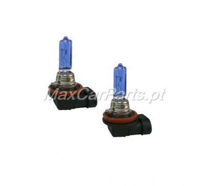 Par de lâmpadas de farol automóvel com bulbo azul e base preta