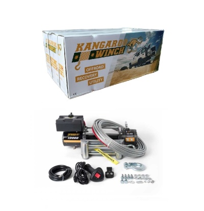 Kit guincho elétrico Kangaroo Winch com acessórios e caixa de embalagem