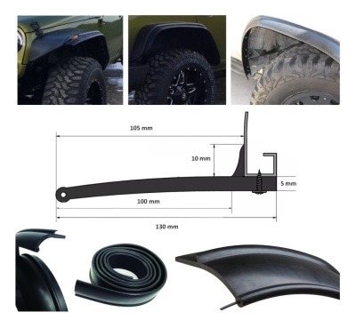 Guarda-lamas pretos para veículos com pneus e medidas técnicas em milímetros.