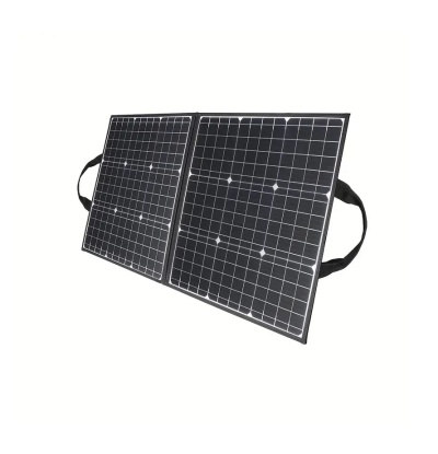 Painel solar portátil preto com duas placas e alças de transporte