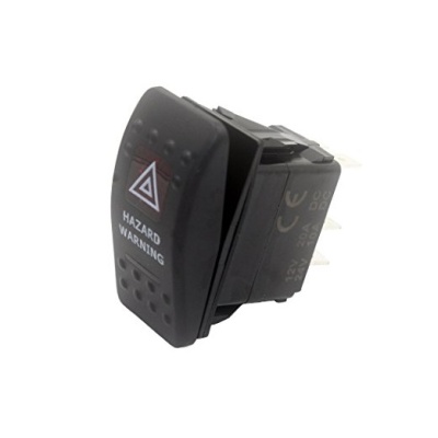 Interruptor preto para avarias com símbolo triangular vermelho e texto HAZARD WARNING