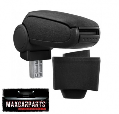 Apoio de braço de carro preto com base metálica e logótipo Maxcarparts