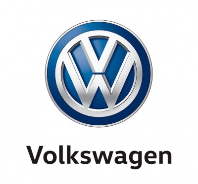 Logótipo Volkswagen azul e prateado com texto