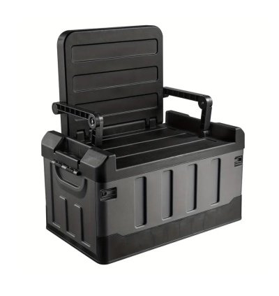 Caixa organizadora com assento dobrável e apoios de braço em plástico preto