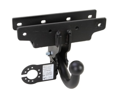 Gancho de reboque preto com base metálica e bola esférica