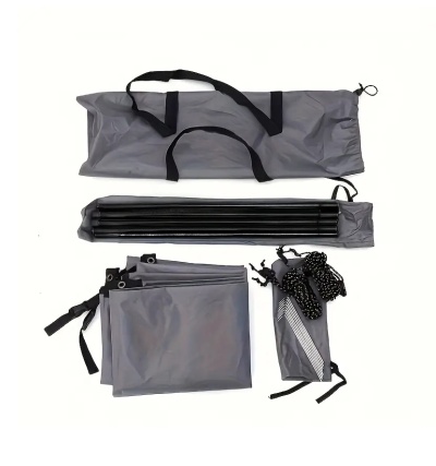 Conjunto de acessórios para tenda cinzenta e preta sobre fundo branco