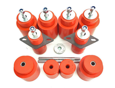 Peças de suspensão automóvel em borracha laranja e metal