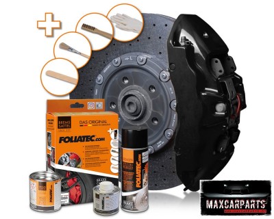 Conjunto de peças de travão automóvel com disco cinza, pinça preta, latas e spray da marca FOLIATEC em fundo branco