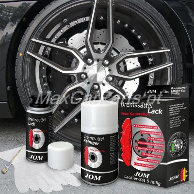 Conjunto de produtos JOM para pintura e limpeza de pinças de travão junto a roda de automóvel.