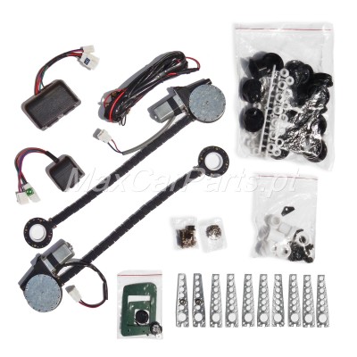 Conjunto de componentes automóveis incluindo motores eléctricos, fios, conectores, parafusos e suportes metálicos