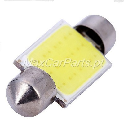 Lâmpada LED festão amarela com terminais metálicos cilíndricos em fundo branco