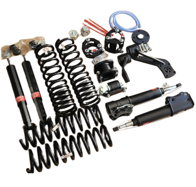 Conjunto de peças automóveis incluindo molas helicoidais, amortecedores, cabos e suportes diversos em preto e prateado.