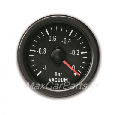 Manómetro preto redondo com escala de -1 a 0 Bar e ponteiro vermelho