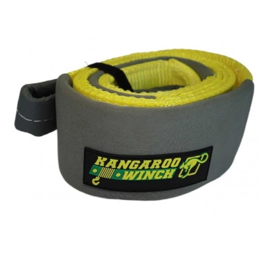 Cinta de reboque amarela com revestimento cinza e etiqueta KANGAROO WINCH