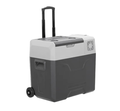 Caixa térmica portátil cinza escuro com tampa branca e rodas
