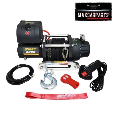 Guincho elétrico preto com cabos metálicos e acessórios sobre fundo branco, logotipo MAXCARPARTS