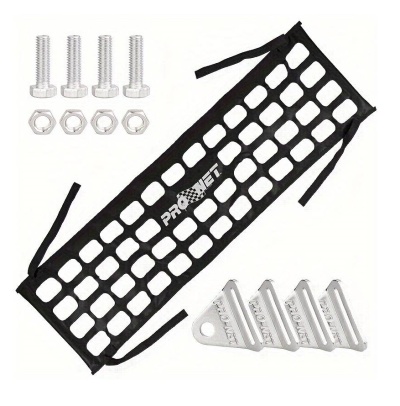 Rede elástica preta PROJET com parafusos e suportes metálicos prateados