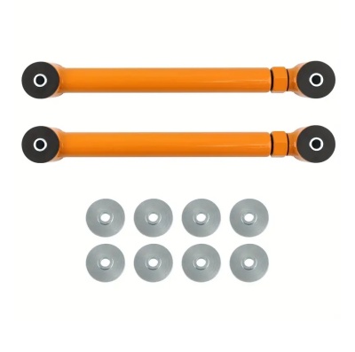 Dois amortecedores laranja com extremidades pretas e oito arruelas metálicas prateadas