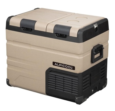 Cooler elétrico portátil bege e preto marca ALPICOOL