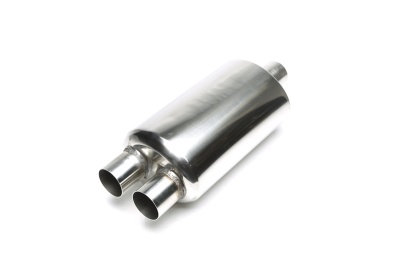 Silenciador automóvel metálico cilíndrico com duas saídas