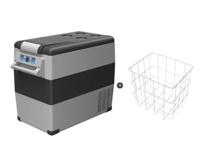 Frigorífico portátil cinzento e preto com ecrã digital, e cesta metálica branca