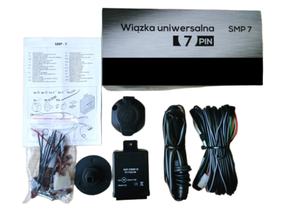 Kit de cablagem universal SMP 7 PIN com vários componentes pretos e manual