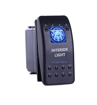 Interruptor elétrico preto com luz azul e texto INTERIOR LIGHT
