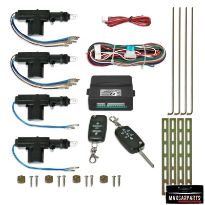 Conjunto de acessórios automóvel com atuadores, comandos, fiação e parafusos sobre fundo branco