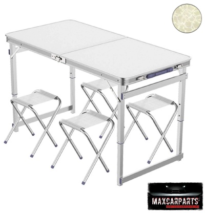 Mesa dobrável branca com quatro bancos dobráveis e padrão floral circular