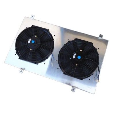 Duas ventoinhas pretas montadas numa base metálica prateada