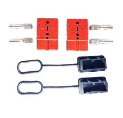 Conectores elétricos vermelhos e coberturas pretas com alças