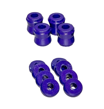 Peças cilíndricas e aneladas em borracha roxa sobre fundo branco