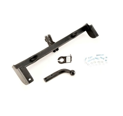 Conjunto de gancho de reboque de metal preto com parafusos e arruelas