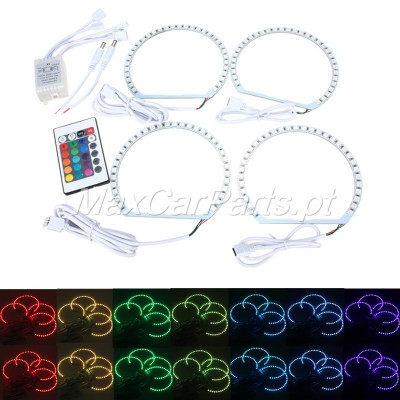 Anéis LED brancos para faróis de carro com comando remoto colorido e transformador