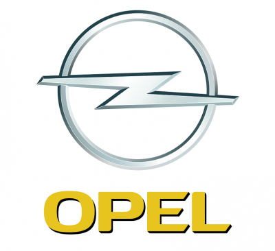 Logótipo da Opel com círculo prateado e texto amarelo